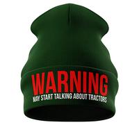 Purple Print House Farming Gifts - Warning May Start Talking About Tractors Funny Beanie Hat - Tractor Gifts Farmers Gifts (Bottle Green)