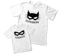 Purple Print House Fathers Day Funny Matching Baby T Shirt Superhero Sidekick Set for Daddy Son Gift UK, 0-3 Months, White