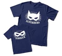 Purple Print House Fathers Day Funny Matching Baby T Shirt Superhero Sidekick Set for Daddy Son Gift UK, 0-3 Months, Navy