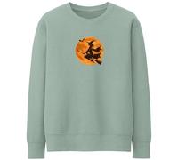 Purple Print House Flying Witch Sweatshirt For Women Festive Halloween Broomstick Autumn Moon October Walks Ladies Jumper, S, Dusty Green