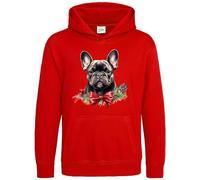 Purple Print House French Bulldog Christmas Wreath Hoodie For Kids Festive Frenchie Xmas Boy Girl Hooded Top, 9-11 Years, Red