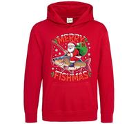 Purple Print House Funny Christmas Fishing Kids Hoodie - Merry Fishmas Xmas Hooded Top for Son or Daughter - Festive Fisherman Santa Design - Boys and Girls, 9-11 Years, Red