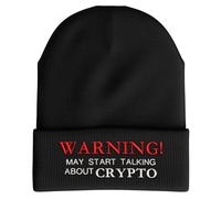 Purple Print House Funny Crypto Beanie - Warning May Start Talking About Crypto Embroidered Design - Winter Hat Men Women Cryptocurrency, One Size, Black