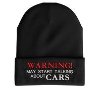 Purple Print House Funny Embroidered Cars Beanie - Warning May Start Talking About Cars - Mens Winter Hat Gift for Vintage Classic Car Fans, One Size, Black
