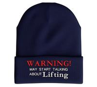 Purple Print House Funny Gym Beanie Warning May Start Talking About Lifting Embroidered Design - Workout Weight Lifting Hat - Men Women Hat, One Size, Navy