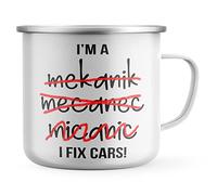 Purple Print House Funny Mechanic Enamel Mug, I Fix Cars Bad Spelling, Mechanic Gifts for Him, Dad Grandad Birthday Automotive Gift, Car Garage Metal Coffee Cup for Hiker, One Size, White