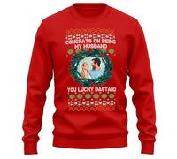 Purple Print House Funny Personalised Husband Christmas Jumper Congrats On Being My Husband Custom Image Festive Xmas Wreath Design Gift, XXL, Red