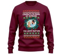 Purple Print House Funny Personalised Husband Christmas Jumper Congrats On Being My Husband Custom Image Festive Xmas Wreath Design Gift, XL, Maroon