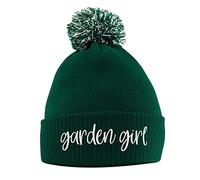 Purple Print House Gardening Girl Bobble Hat, Gardening Accessories Birthday Gifts for Gardener Lady Warm Winter Knitted Beanie Hat with Faux Fur Pom Pom for Womens Girls, One Size, Bottle Green