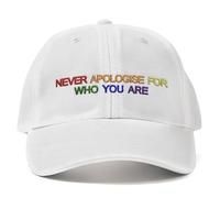 Purple Print House Gay Pride Vintage Cap Never Apologise for Who You are Rainbow Text LGBTQ Unisex Hat Lesbian Transgender Festival Parade, One Size, White