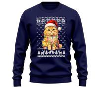 Purple Print House Ginger Cat Christmas Sweatshirt For Men Women Fairisle Xmas Jumper Kitten Unisex Sweater, L, Navy