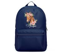 Purple Print House Girls Floral Horse Custom Mini Backpack Personalised Name Back to School Nursery Bag for Kids Infants Equestrian Gift, One Size, Navy
