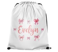 Purple Print House Girls Personalised Bows Drawstring Bag Custom Name Back To School PE Sports Kit Bag Primary Kids Infants New Term Gift, One Size, White