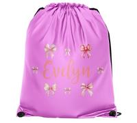 Purple Print House Girls Personalised Bows Drawstring Bag Custom Name Back To School PE Sports Kit Bag Primary Kids Infants New Term Gift, One Size, Light Pink