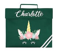Purple Print House Girls Personalised Unicorn Flower Book Bag - Personalised Back to School Custom Name Unicorn Gift Idea for School Girl - Cute Custom Unique Girly Present, Bottle Green