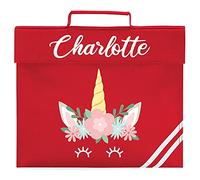Purple Print House Girls Personalised Unicorn Flower Book Bag - Personalised Back to School Custom Name Unicorn Gift Idea for School Girl - Cute Custom Unique Girly Present, Classic Red