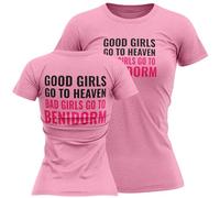 Purple Print House Good Girls Go to Heaven Bad Girls Go to Benidorm ? Funny Women?s Hen Do T-Shirt for Bride or Bridesmaid, S, Light Pink