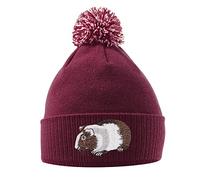 Purple Print House Guinea Pig Hat - Bobble Beanie Hat - Guinea Pig Owner Gifts for Girls - Winter Beanie Hat with Cute Guinea Pig Embroidered On The Front, One Size, Maroon