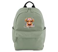 Purple Print House Highland Cow Personalised Bag Premium Mini Backpack Back To School Girls Primary Infant New Term Kids, One Size, Dusty Green