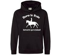 Purple Print House Horse Hoodie - Born To Ride Forced To Go To School - Horse Riding Gift For Kids Girls Childrens Hooded Top Can Be Personalised With Any Text, 9-11 Years, Black