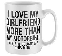Purple Print House I Love My Girlfriend More Than My Motorbike Mug, Funny Valentines Day Motorcycle Coffee Cup, For Fiance or Husband, Unique Birthday, One Size, White