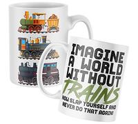 Purple Print House Imagine A World Without Trains Mug, Funny Coffee Cup, Railway Gifts for Him, Steam Train Birthday Present Ideas For Dad or Son, One Size, White