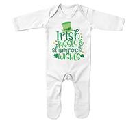 Purple Print House Irish Kisses & Shamrock Wishes Romper Suit St Patricks Day Shamrock Babies Boy Girl Leprechaun Hat Irish Ireland Paddys, 0-3 Months, White