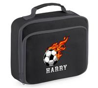Purple Print House Kids Personalised Football Flame Lunch Bag Custom Name Back to School Nursery Lunchbox for Boys Girls Footy Fan Gift, 24cm x 20cm x 8cm, Black