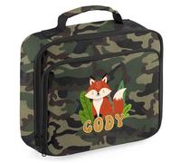 Purple Print House Kids Personalised Fox Lunch Bag Boys Girls Woodland Design Custom Name Back to School Nursery Lunchbox for Infants, 24cm x 20cm x 8cm, Camo