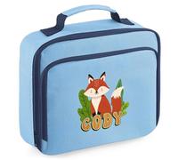 Purple Print House Kids Personalised Fox Lunch Bag Boys Girls Woodland Design Custom Name Back to School Nursery Lunchbox for Infants, 24cm x 20cm x 8cm, Sky Blue