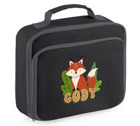 Purple Print House Kids Personalised Fox Lunch Bag Boys Girls Woodland Design Custom Name Back to School Nursery Lunchbox for Infants, 24cm x 20cm x 8cm, Black