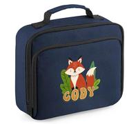 Purple Print House Kids Personalised Fox Lunch Bag Boys Girls Woodland Design Custom Name Back to School Nursery Lunchbox for Infants, 24cm x 20cm x 8cm, Navy