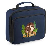 Purple Print House Kids Personalised Hedgehog Lunch Bag Custom Name Wildlife Design Boys Girls Custom Name Back to School Nursery Lunchbox, 24cm x 20cm x 8cm, Navy