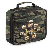 Purple Print House Kids Personalised Trains Lunch Bag Boys Girls Custom Name Steam Train Lunchbox for Back to School Infants New Term Gift, 24cm x 20cm x 8cm, Camo