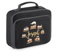 Purple Print House Kids Personalised Trains Lunch Bag Boys Girls Custom Name Steam Train Lunchbox for Back to School Infants New Term Gift, 24cm x 20cm x 8cm, Black