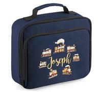 Purple Print House Kids Personalised Trains Lunch Bag Boys Girls Custom Name Steam Train Lunchbox for Back to School Infants New Term Gift, 24cm x 20cm x 8cm, Navy