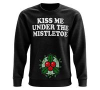 Purple Print House Kiss Me Under Mistletoe Sweatshirt, Rude Offensive Novelty Christmas Jumper for Men Sweater Top, S, Black