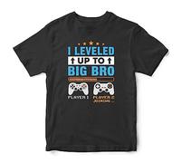 Purple Print House Leveling Up to Big Bro T Shirt Boys Brother Baby Annoucement Gaming Gamer Kids Son Top Tee, 7-8 Years, Black