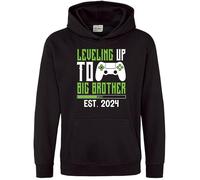 Purple Print House Leveling Up To Big Brother Hoodie Personalised Baby Announcement Bro Gaming Controller Boys Hooded Top, 9-11 Years, Black