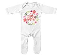 Purple Print House Little Sister Baby Romper Suit, Flower Circle Gifts for Little Sis, Cute Girls Infant Sleepsuit Outfit Gift Idea, Babies Big Sister Little Sister Shirts, 0-3 Months, White