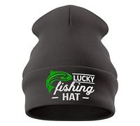 Purple Print House Lucky Fishing Beanie Funny Fishing Tackle Slogan Hat for Fishermen Birthday Gift for Him, One Size, Dark Grey