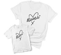 Purple Print House Mama and Mini Heart Matching T Shirt Set Mum and Daughter Girls Womens Baby Kids Top Tee, 1-2 Years, White