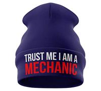 Purple Print House Mechanic Gifts - Trust me Im a Mechanic - Funny Beanie Hat Mechanics Gifts Winter Hat Mens Gifts (Navy Blue)