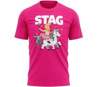 Purple Print House Mens Stag Do T Shirt Funny Dressed Stag Riding Unicorn Joke Gift for Him Groom to Be Bachelor Party Guys Holiday Weekend, XXL, Bright Pink