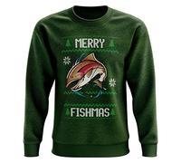 Purple Print House Merry Fishmas Sweatshirt, Fishing Gifts for Him, Fishing Christmas Jumper Mens Men Fish Carp Dad Grandad, S, Bottle Green