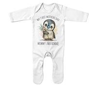 Purple Print House My First Mothers Day Personalised Penguin Romper Suit Baby Bodysuit Romper Boy Girl New Mum Gift from Son Daughter, 3-6 Months, White