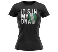 Purple Print House Nigeria Flag Womens T Shirt Nigerian Its in My DNA Football Supporter World Top Tee, L, Black