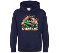 Purple Print House Orange Custom Dino Monster Truck Boys Hoodie Dinosaur Giant Off Road Trucks Hooded Top Kids, 12-13 Years, Navy
