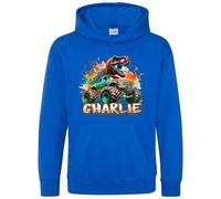 Purple Print House Orange Custom Dino Monster Truck Boys Hoodie Dinosaur Giant Off Road Trucks Hooded Top Kids, 12-13 Years, Royal