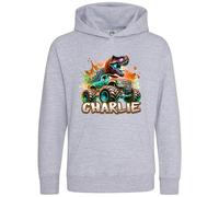 Purple Print House Orange Custom Dino Monster Truck Boys Hoodie Dinosaur Giant Off Road Trucks Hooded Top Kids, 5-6 Years, Sport Grey